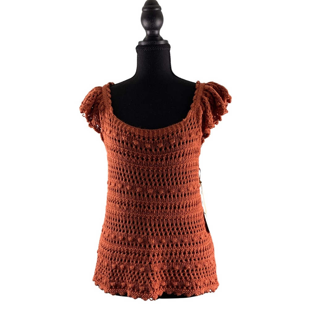 Ryegrass Foxtail Orange Open Weave Knit Scoop Neck Top Women's L Bohemian 70s